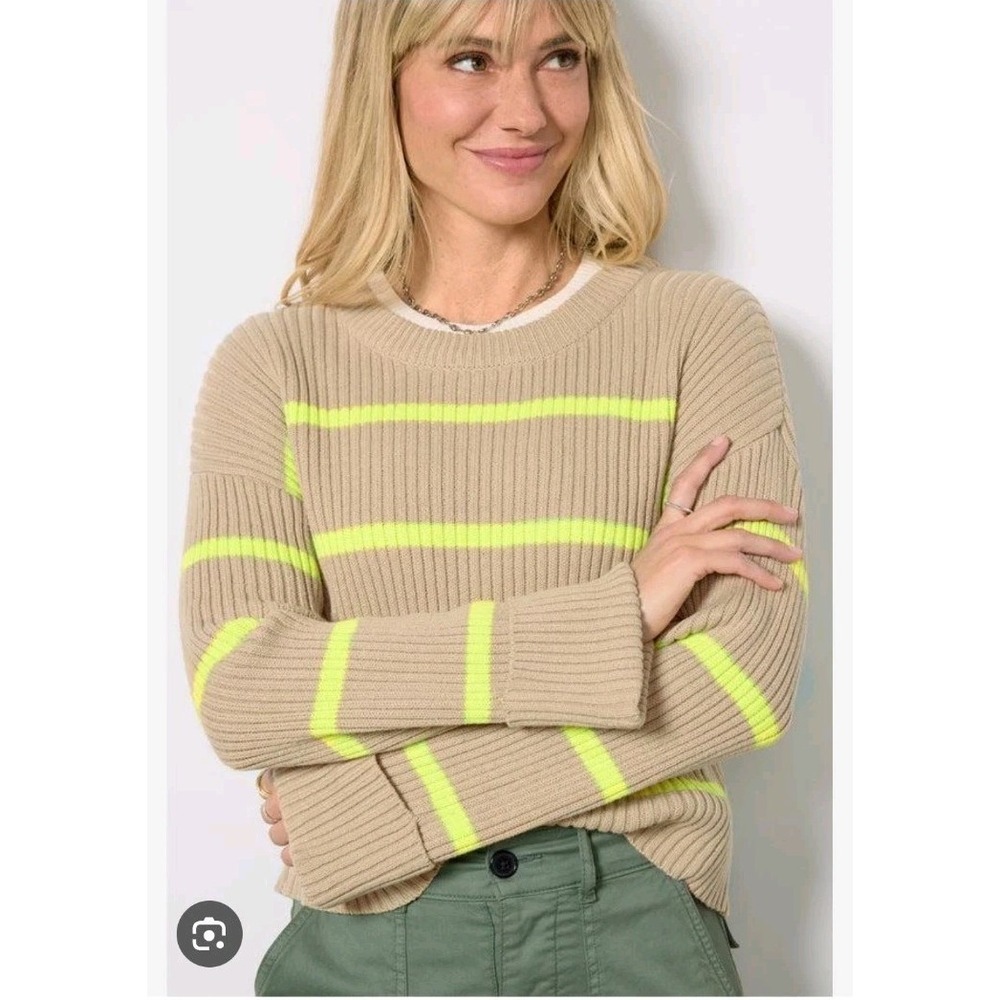 Evereve Tan Neon Green Striped Ribbed Oversized Cuffed Nora Sweater Size‎ XS